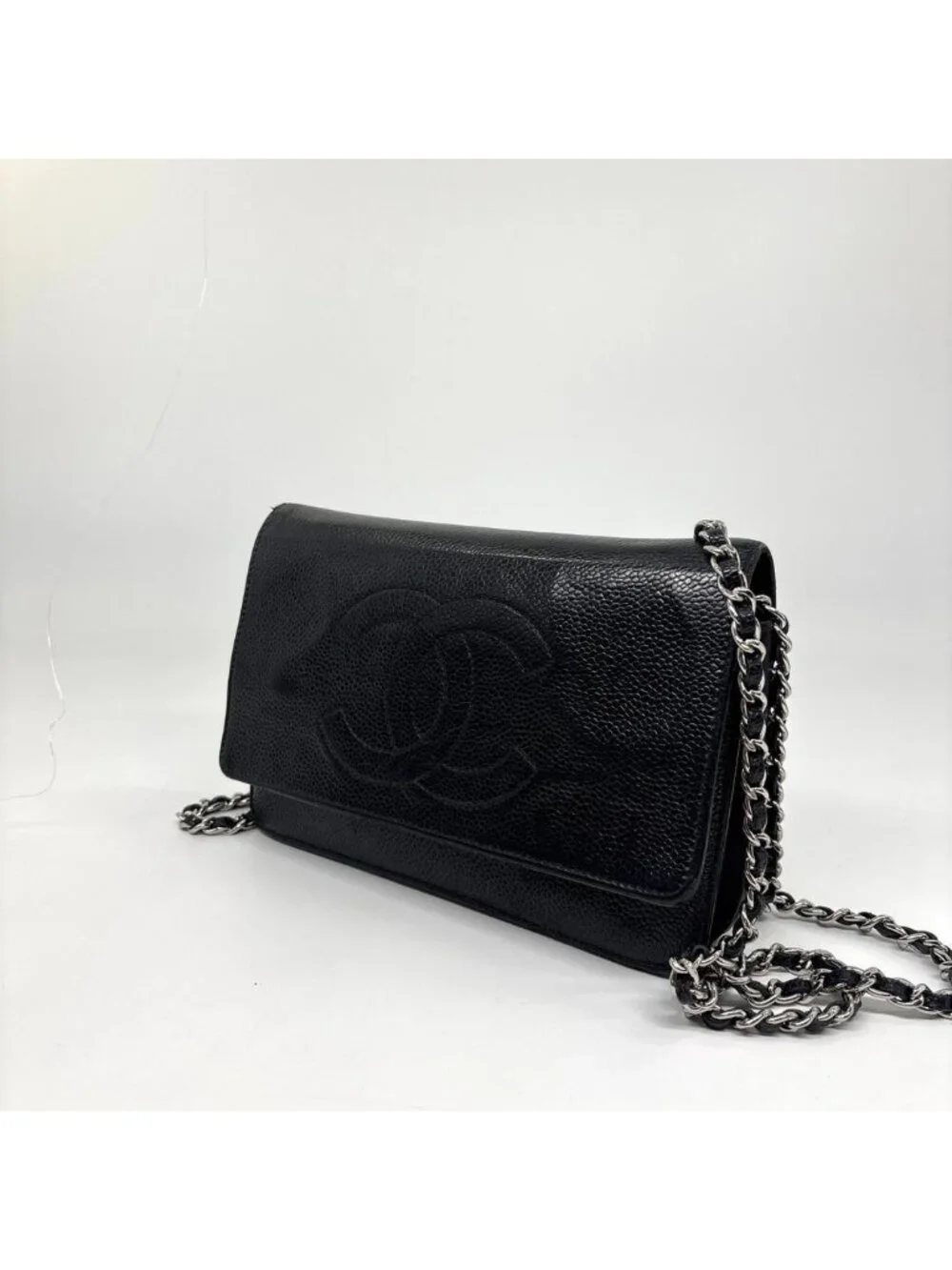 Chanel Super Caviar Leather Chain Wallet Black CC Logo Shoulder